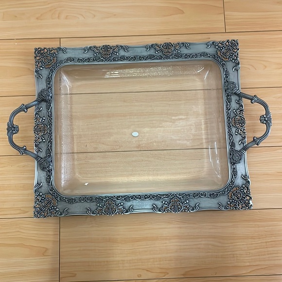 Tuscany brand 13x16 Silver platter tray with decorative handles, glass bottom - Picture 1 of 2